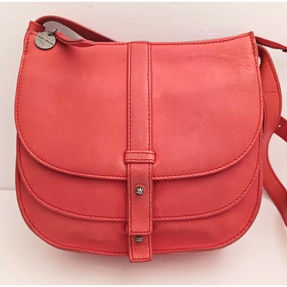 Lucky Brand Dk Orange Pebbled Leather Flap Front Shoulder Bag Adj Strap Zip Top - Picture 3 of 12